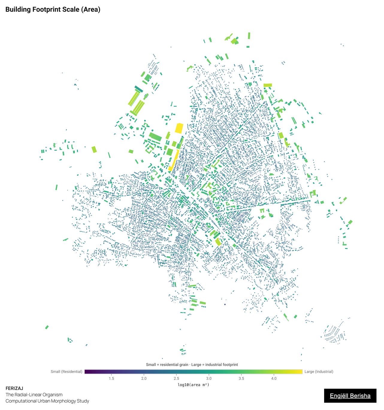 Ferizaj Kosovo building footprints scaled by area by Engjëll Berisha — typological grain analysis architectural scale distribution computational urban morphology