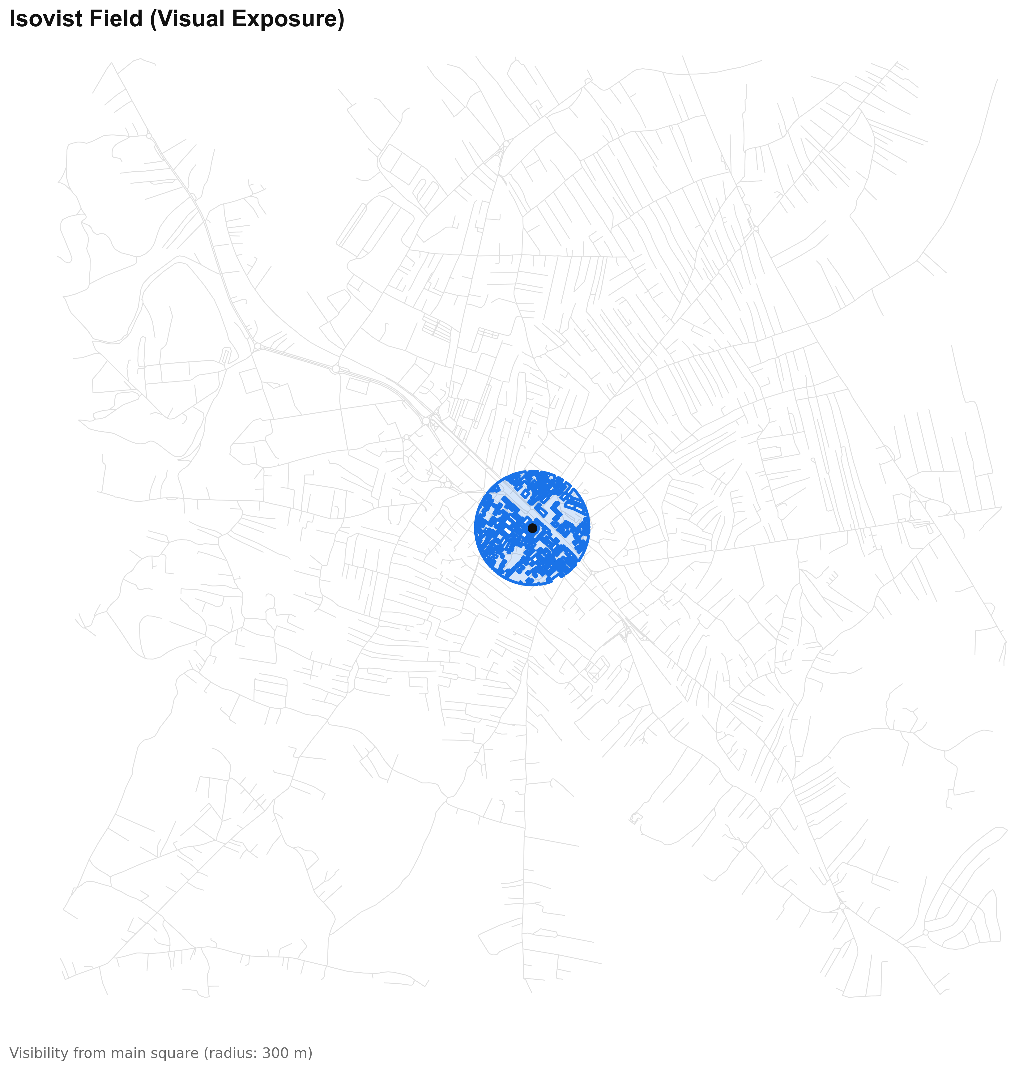 Ferizaj Kosovo isovist visibility field by Engjëll Berisha — static visual exposure analysis view corridors main square 300m visibility polygon buildings as occluders