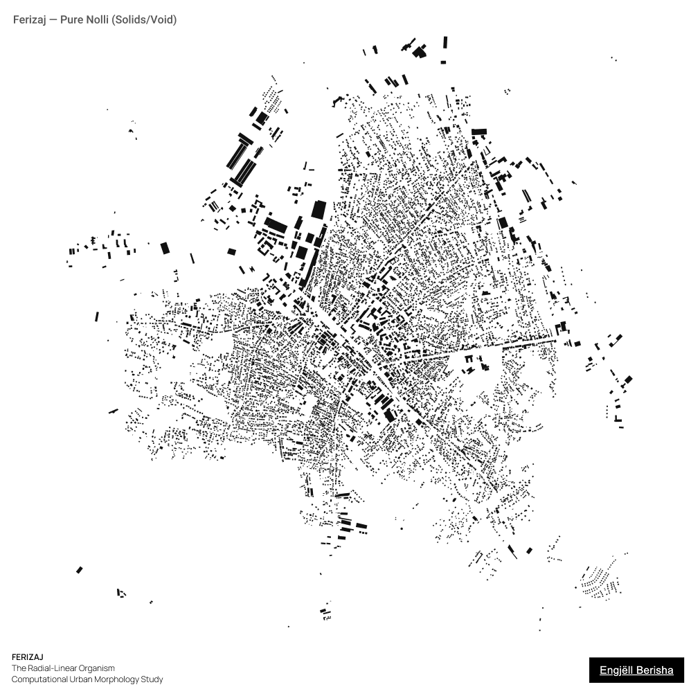 Ferizaj Kosovo Nolli figure-ground analysis by Engjëll Berisha — built mass versus public voids urban morphology mapping computational analysis