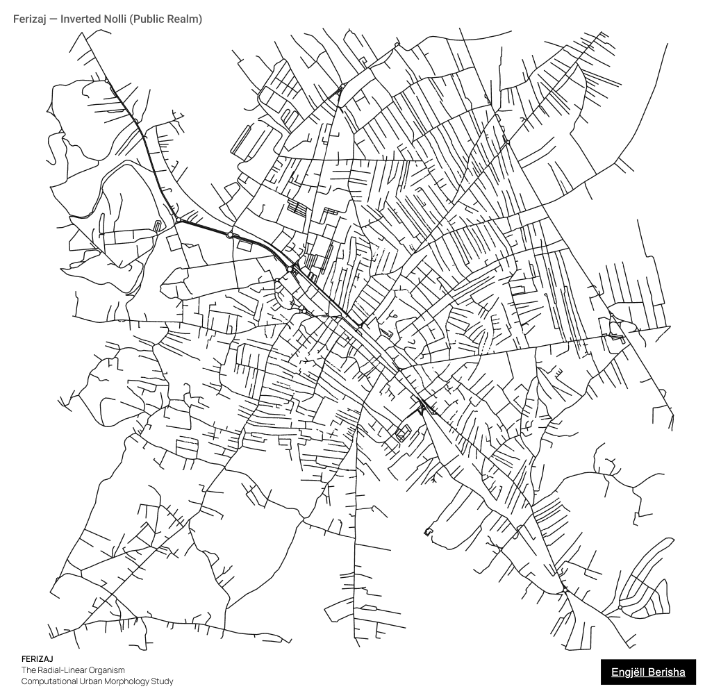 Ferizaj Kosovo Nolli inverted map by Engjëll Berisha — public realm skeleton street network connectivity urban structure analysis