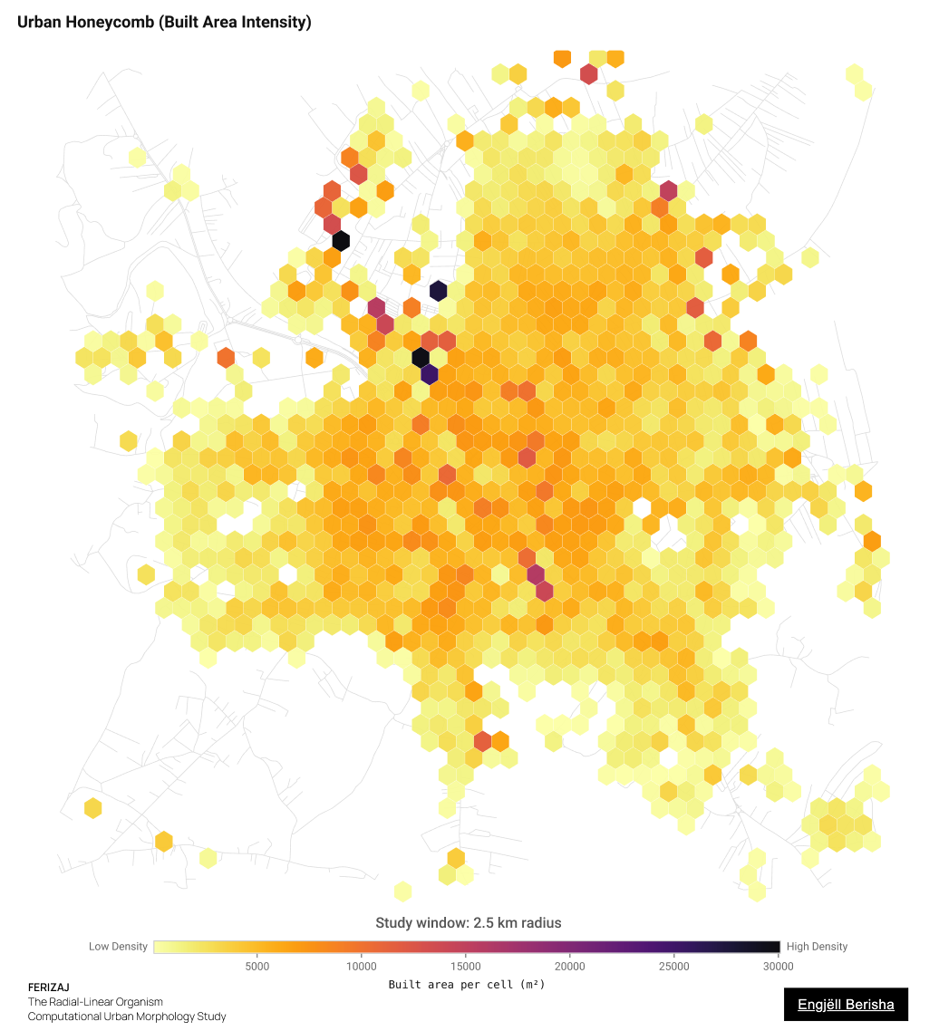 Ferizaj Kosovo urban honeycomb hexbin by Engjëll Berisha — density intensity analysis building footprint accumulation horizontal pressure monocentric pattern computational urban study