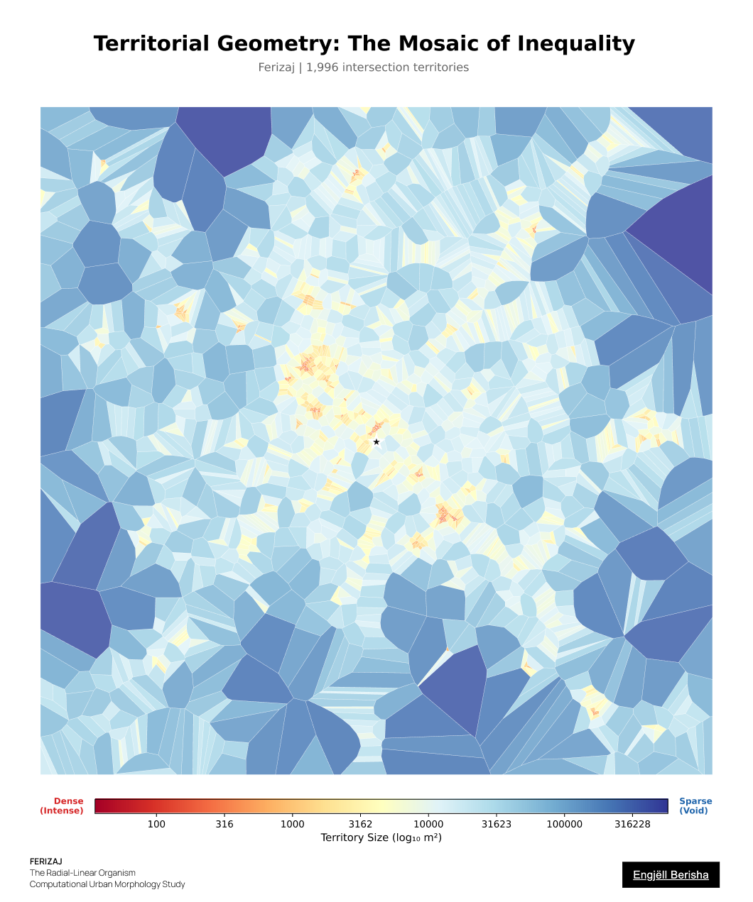 Ferizaj Kosovo Voronoi mosaic by Engjëll Berisha — territorial geometry intersection catchment areas inequality Gini coefficient 0.605 spatial justice computational analysis