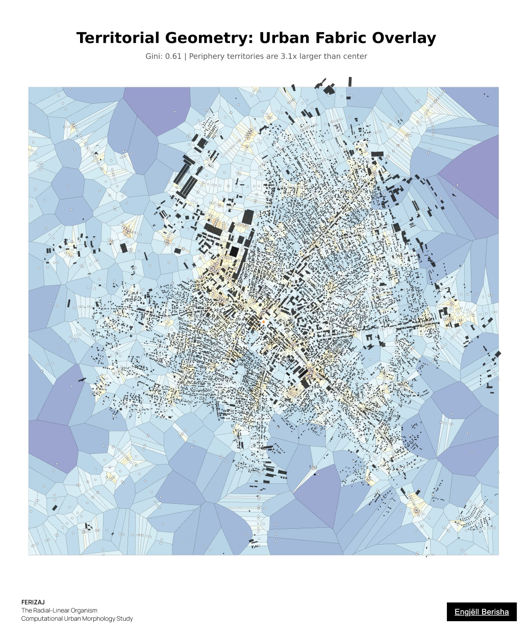 Voronoi overlay on Ferizaj urban fabric, by Engjëll Berisha