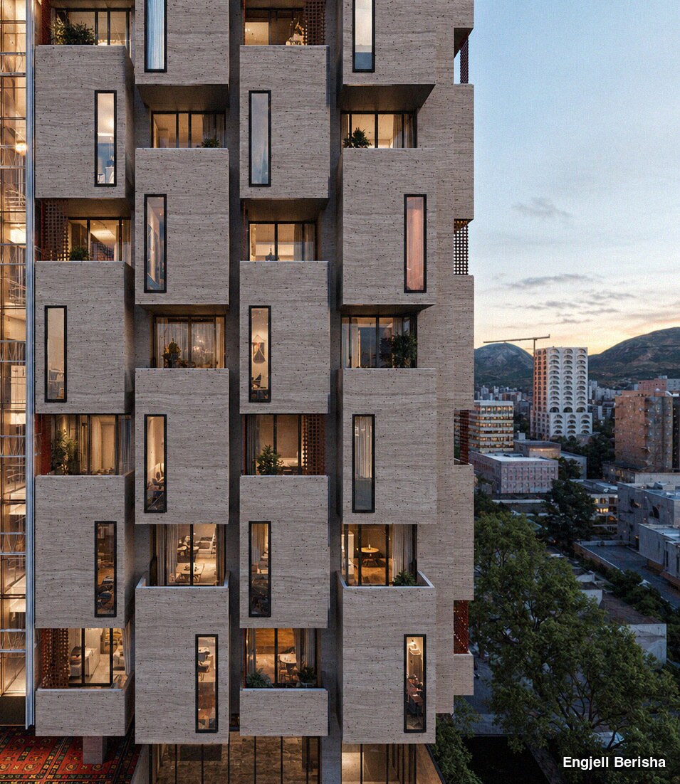 Kubik Vertical night view — illuminated modular grid tower Tirana, by Engjëll Berisha and Uran Berisha