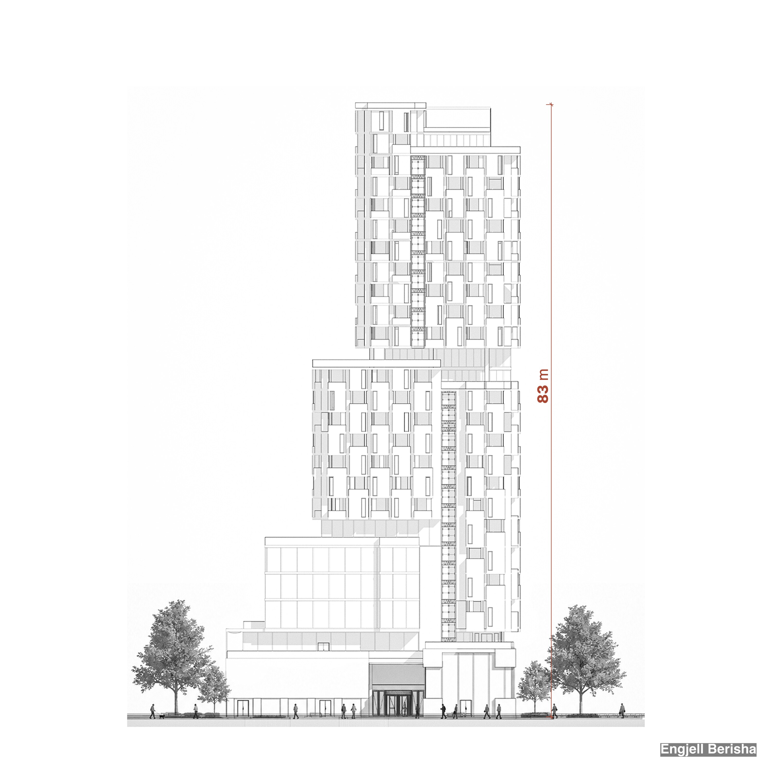 Kubik Vertical structural and spatial strategy section, Tirana architecture, by Engjëll Berisha and Uran Berisha