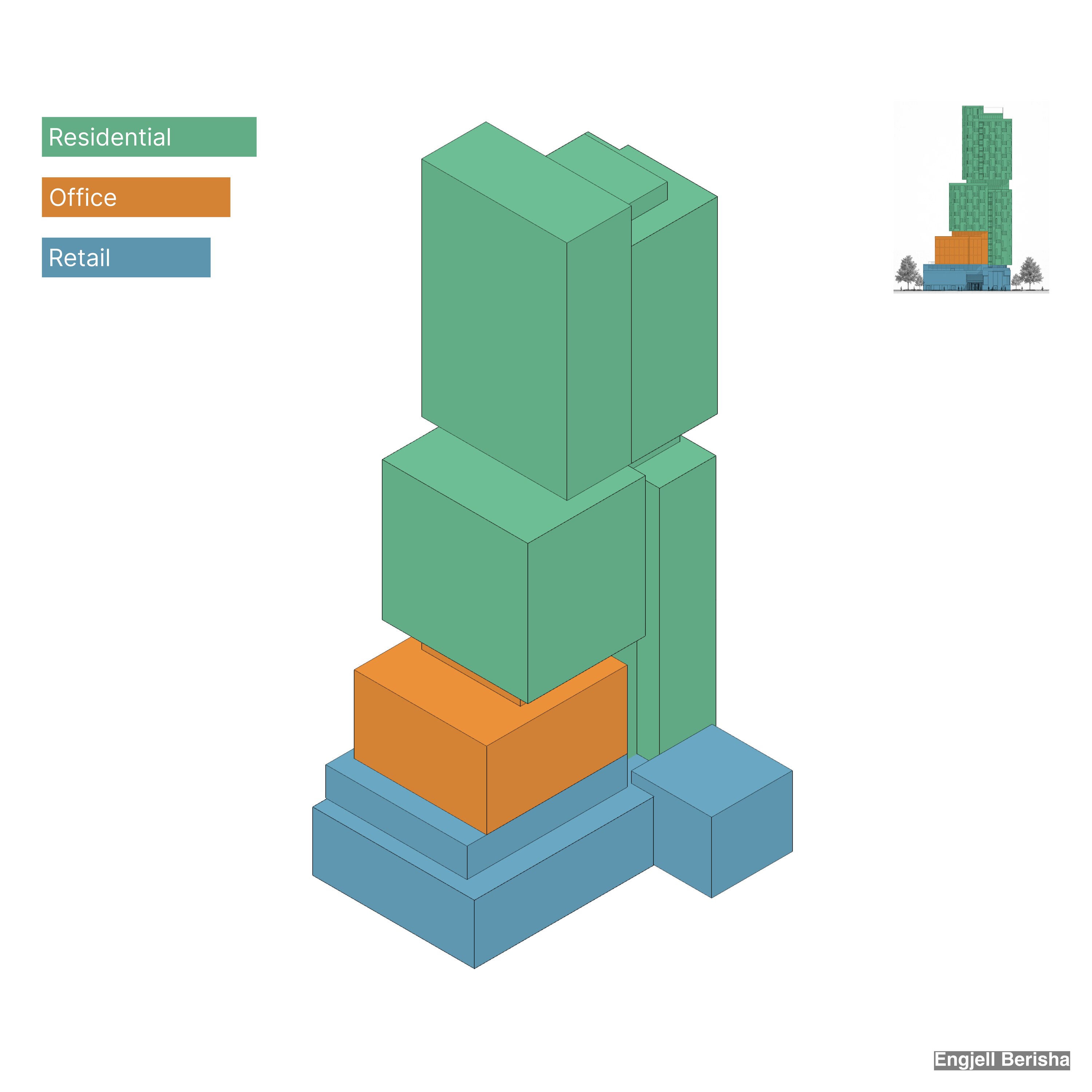 Kubik Vertical building use diagram — residential, office, retail, Tirana Albania, by Engjëll Berisha and Uran Berisha