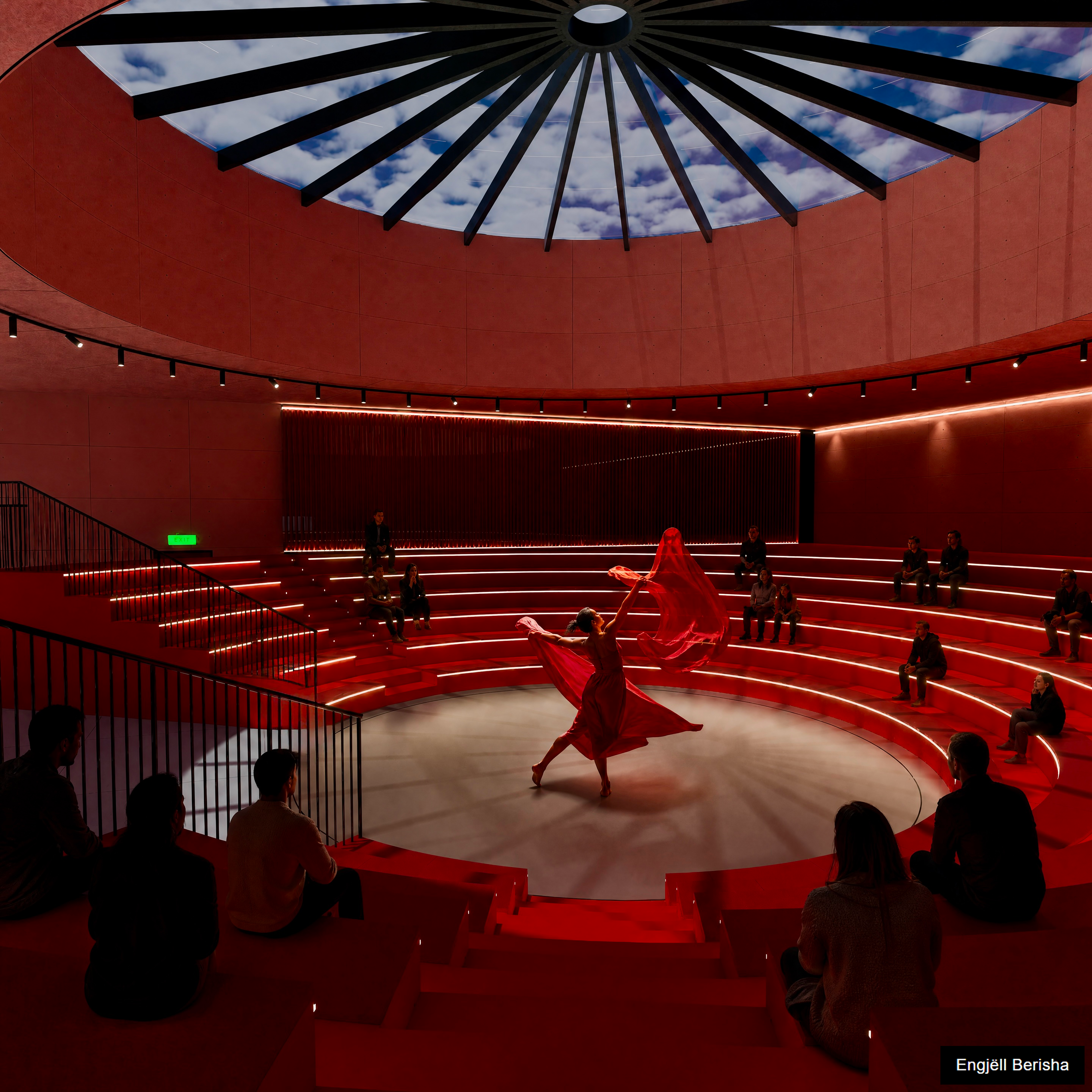 Rrethi - circular cultural pavilion with concentric auditorium and glazed roof oculus, by Engjëll Berisha