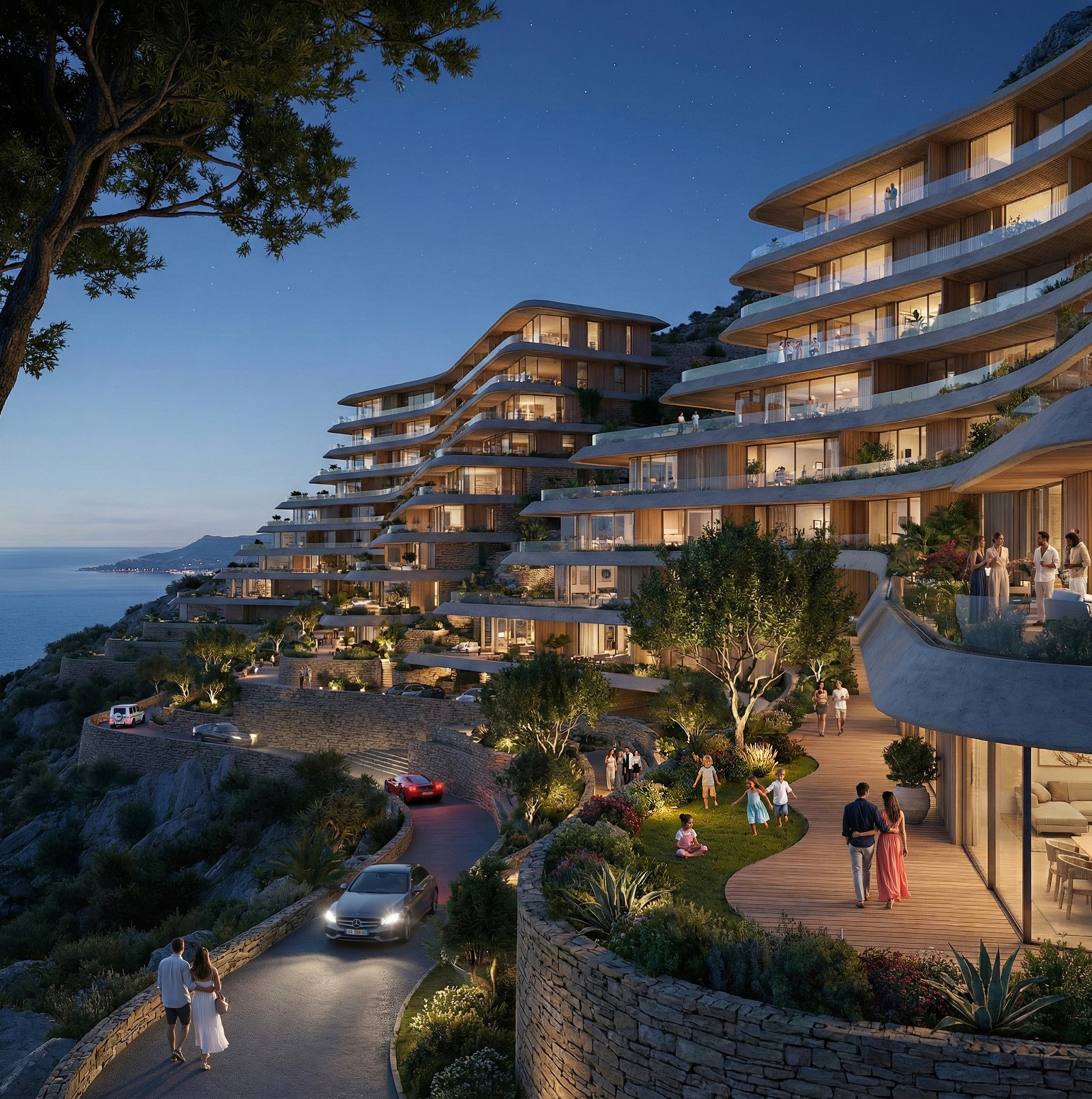 Cascade 45° - Coastal residential terraces by Engjëll Berisha. Architecture project stepping slender plates into the cliff.